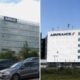 Split image left shows Airbus office building with glass facade and a blue Airbus sign right shows Air France headquarters with white panels and a large Air France sign on a clear day