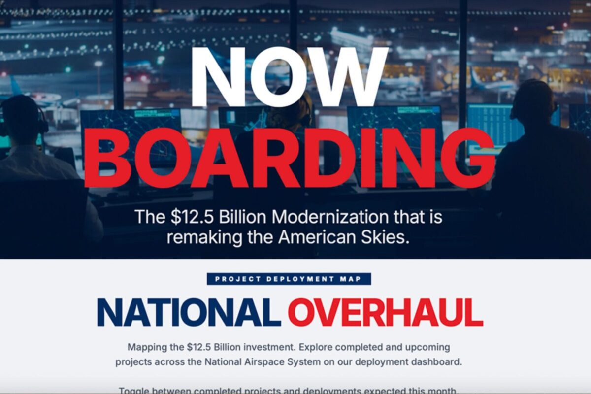 FAA Now Boarding Hero image showing NOW BOARDING over aviation operations monitors promoting a $125B modernization and national overhaul