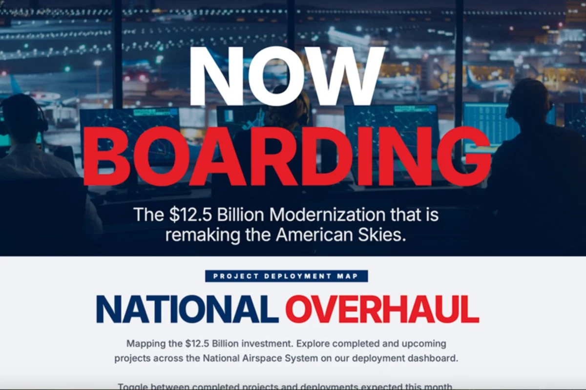 FAA Now Boarding Hero image showing NOW BOARDING over aviation operations monitors promoting a $125B modernization and national overhaul
