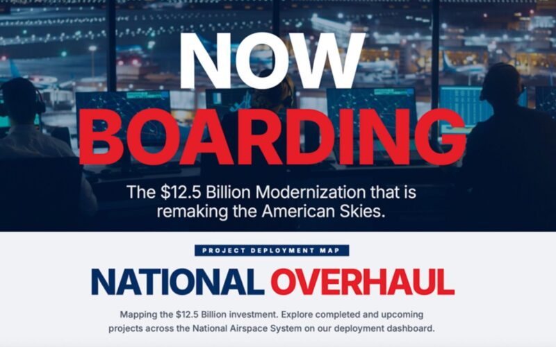 FAA Now Boarding Hero image showing NOW BOARDING over aviation operations monitors promoting a $125B modernization and national overhaul