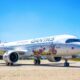Qantas airplane parked on a tarmac with vibrant coral reef artwork along its fuselage and a bright blue sky above