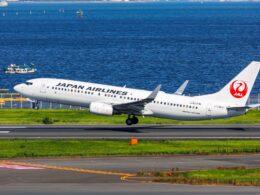 Japan Airlines Boeing 737 800 taking off on a runway beside a blue harbor with the JAL red logo on the tail and green grass nearby