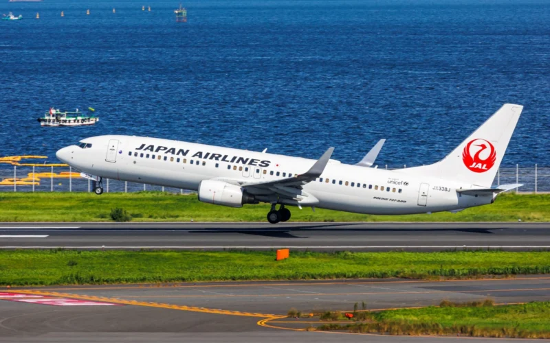 Japan Airlines Boeing 737 800 taking off on a runway beside a blue harbor with the JAL red logo on the tail and green grass nearby