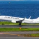 Japan Airlines Boeing 737 800 taking off on a runway beside a blue harbor with the JAL red logo on the tail and green grass nearby