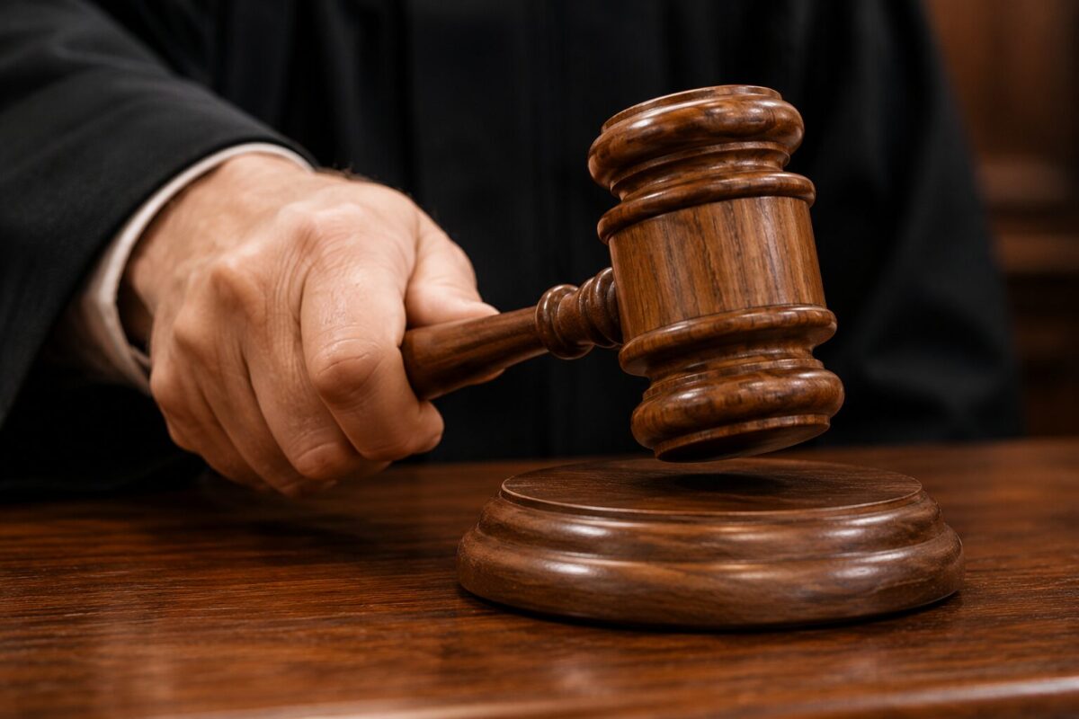 gavel Judges wooden gavel about to strike a sound block on a courtroom desk signaling a ruling
