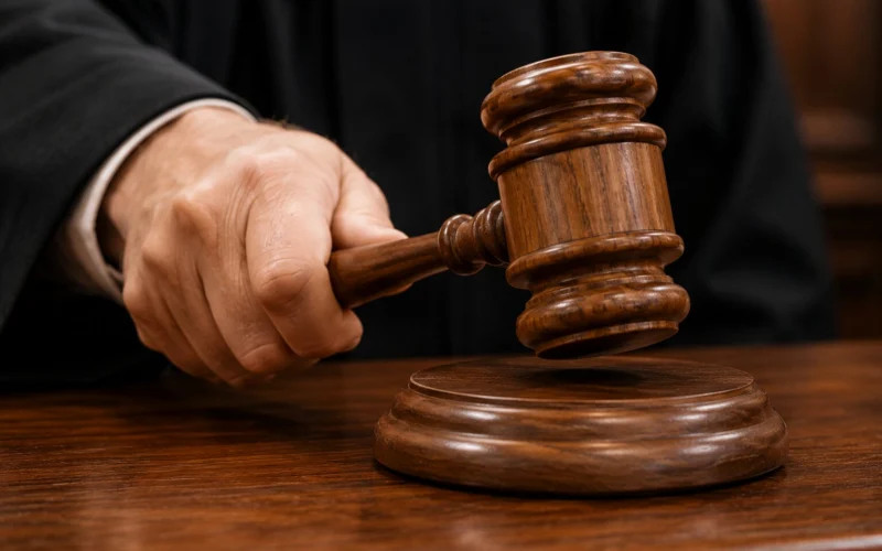 Judges wooden gavel about to strike a sound block on a courtroom desk signaling a ruling