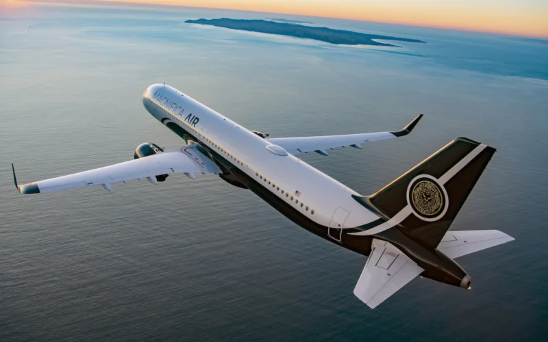 White private jet with Magnifica Air branding banks over the calm ocean at sunset with distant islands on the horizon