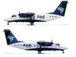 Two Azul Brazilian Airlines twinprop airplanes shown in white and blue livery with a Brazil map logo on the tail front and side views