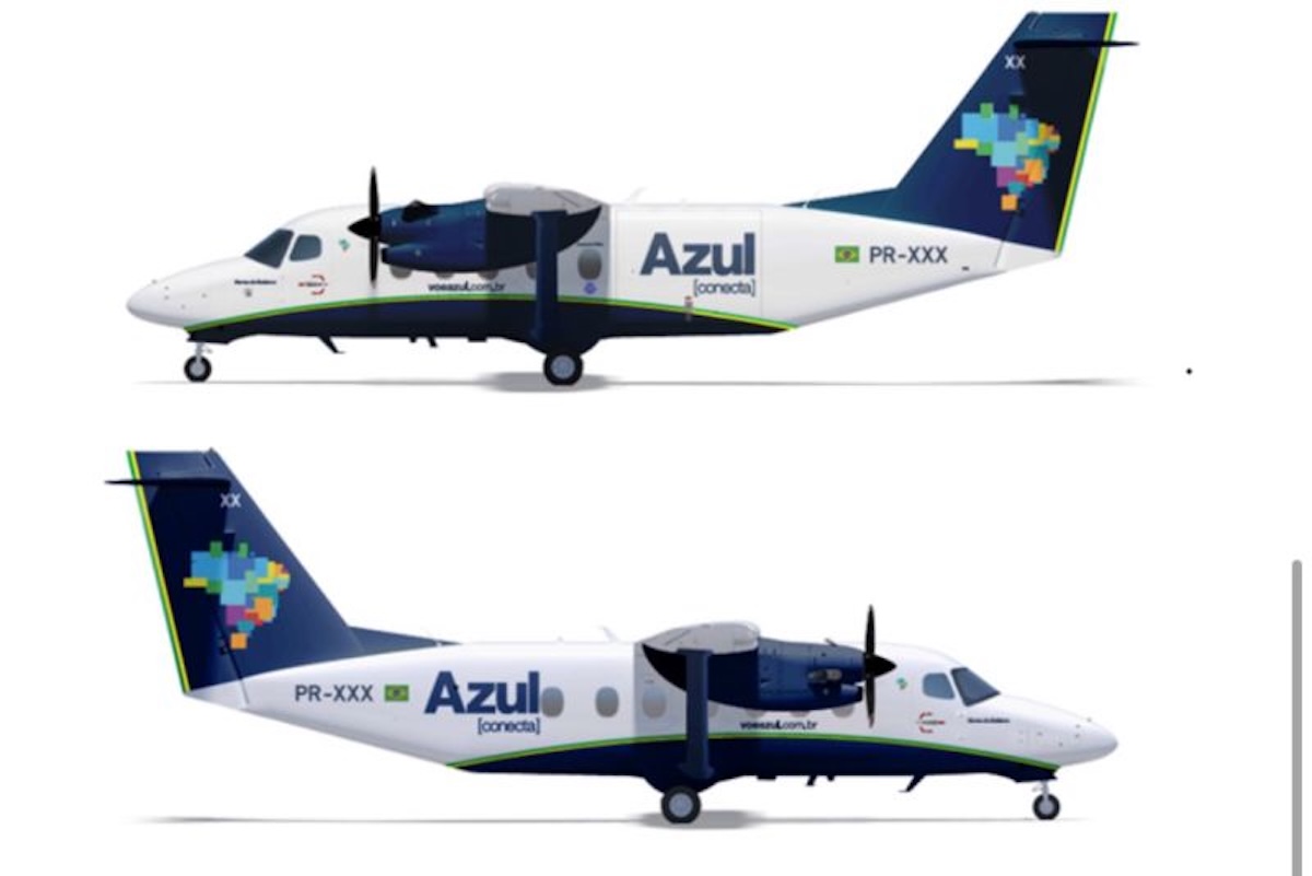 Two Azul Brazilian Airlines twinprop airplanes shown in white and blue livery with a Brazil map logo on the tail front and side views