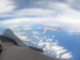 A Russian Tu 95MS strategic bomber seen from an escort aircraft during a long range patrol over international waters