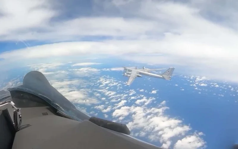 A Russian Tu 95MS strategic bomber seen from an escort aircraft during a long range patrol over international waters