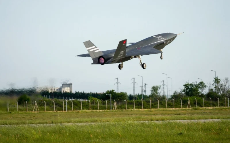 Baykars Kizilelma unmanned fighter during the K SWARM live flight trials at the companys flight and test center in Çorlu Turkey