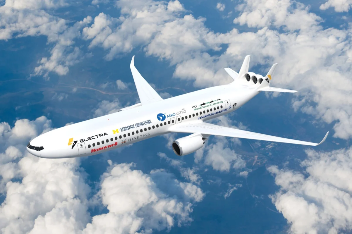 Electras NASA AACES 2050 airliner White passenger jet with sponsor logos flying above a cloudy blue sky