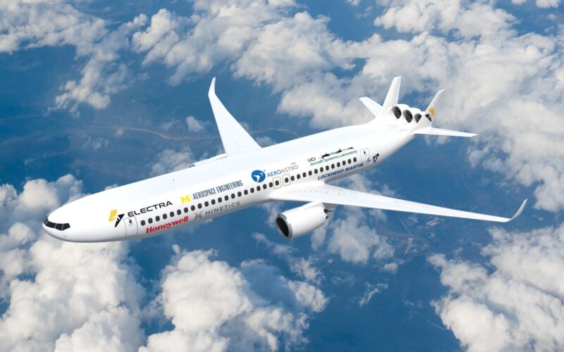 Electras NASA AACES 2050 airliner White passenger jet with sponsor logos flying above a cloudy blue sky