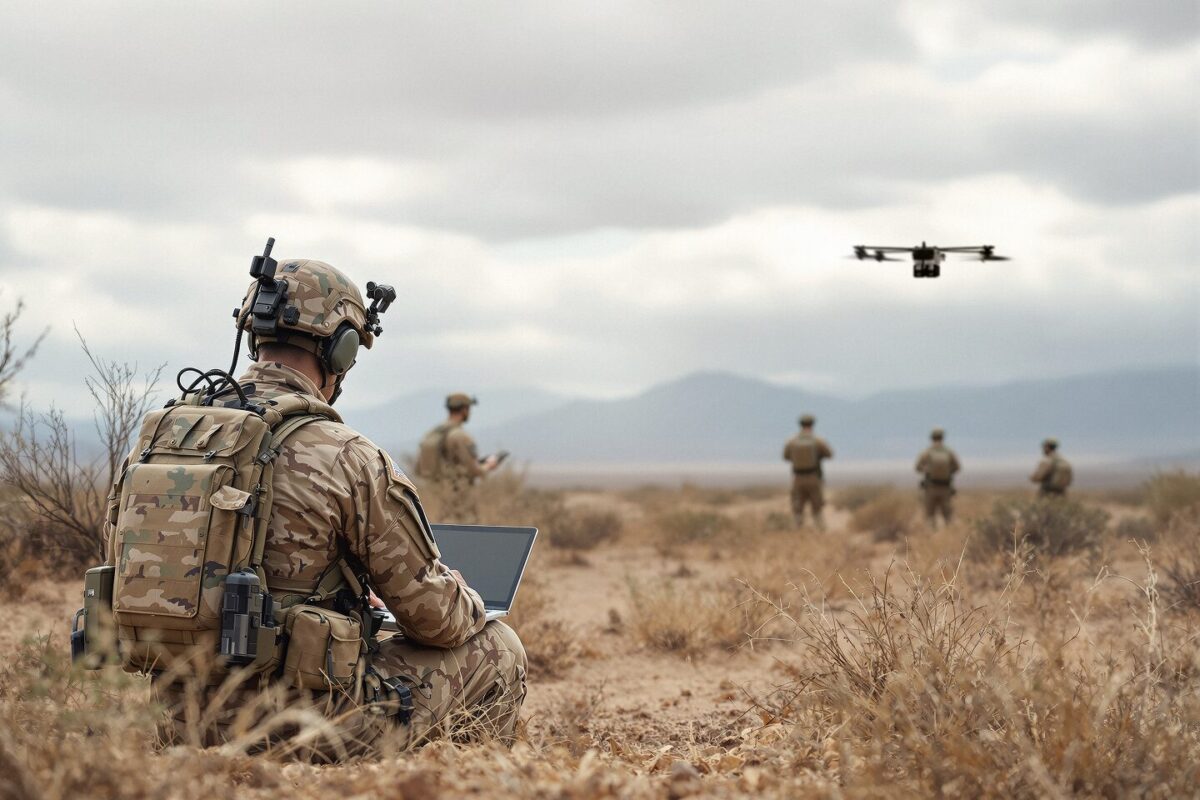 Harmattan AI Sonora with French Army Soldier in camouflage gear sits in a desert using a laptop while a quadcopter drone flies overhead and teammates stand in the distance