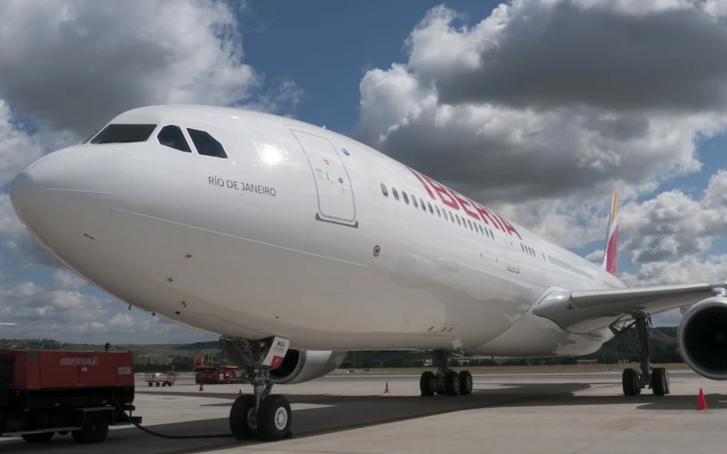 Iberia airliner on the tarmac forward fuselage visible with RIO DE JANEIRO lettering near the cockpit engines and landing gear shown