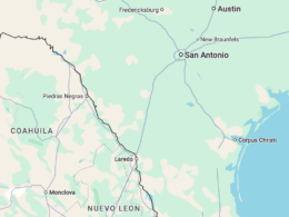 Map showing northeastern Mexico and southern Texas with cities like San Antonio Laredo Corpus Christi and Piedras Negras along the border route