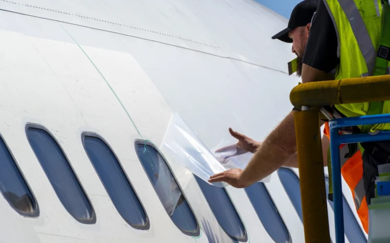 Ground crew member in a highvisibility vest applies a sheet to the windows of a white airplane on a mobile platform