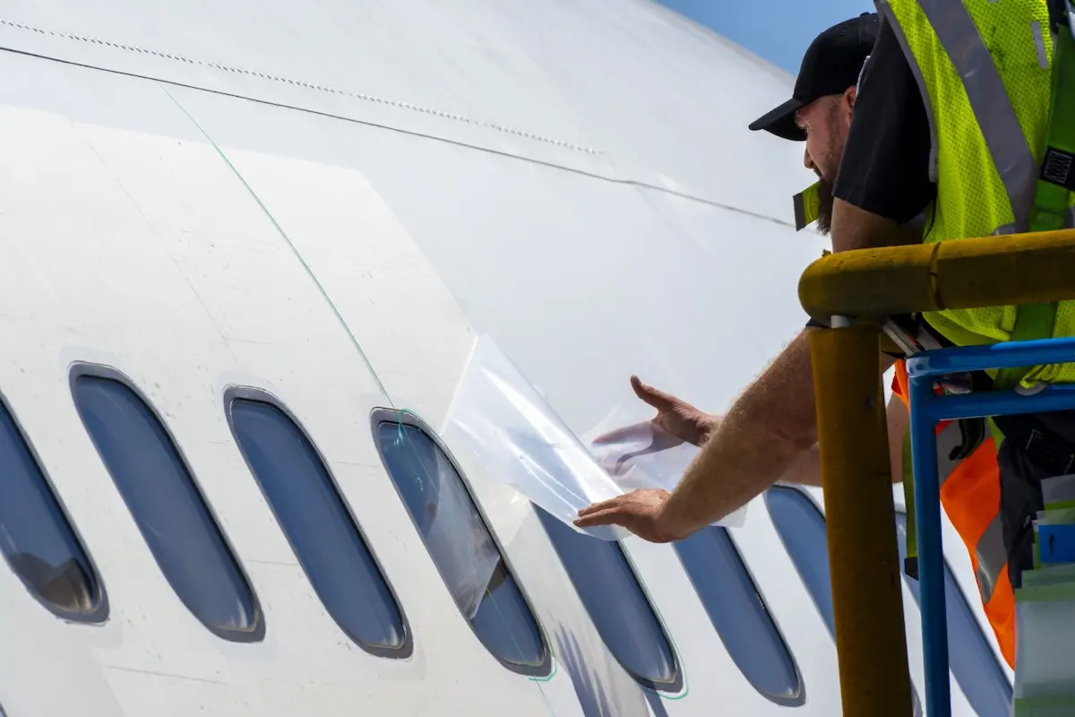 Ground crew member in a highvisibility vest applies a sheet to the windows of a white airplane on a mobile platform