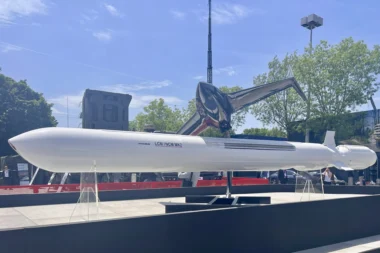 MBDAs LCM  NCM Mk2 missile displayed at Eurosatory 2026 with the DELUGE long range teleoperated munition shown above it