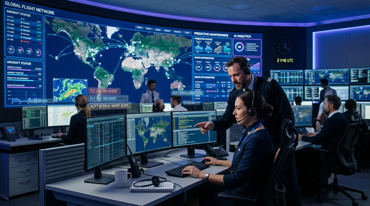 May 2nd Edition Article 2 Senior supervisor guides an operator at a high tech command center with multiple screens showing a world map and flight data