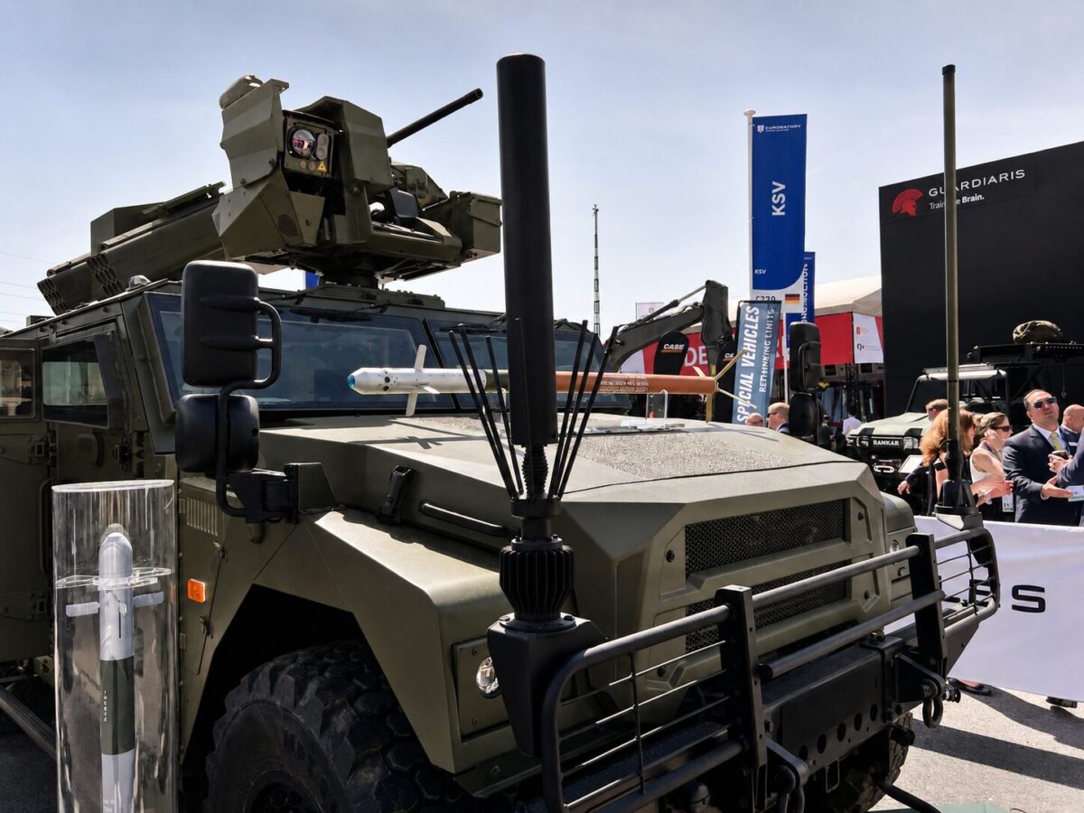 Thales Eclipse electronic warfare jammer antenna mounted at the front of the vehicle Thales Eclipse electronic warfare jammer antenna mounted at the front of the vehicle