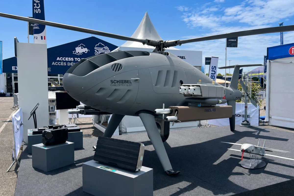The Schiebel Camcopter S 301 unmanned helicopter displayed at Eurosatory 2026 with Thales sensors payloads and effectors The Schiebel Camcopter S 301 unmanned helicopter displayed at Eurosatory 2026 with Thales sensors payloads and effectors