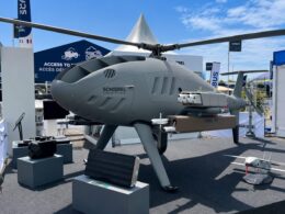 The Schiebel Camcopter S 301 unmanned helicopter displayed at Eurosatory 2026 with Thales sensors payloads and effectors