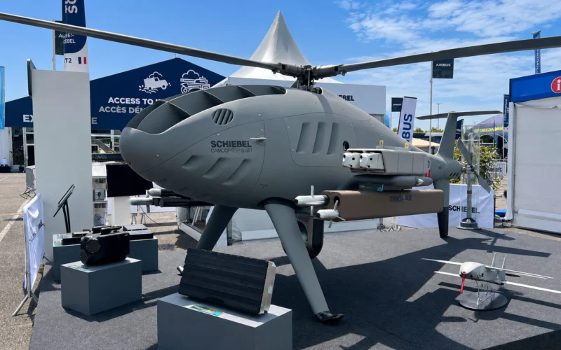 The Schiebel Camcopter S 301 unmanned helicopter displayed at Eurosatory 2026 with Thales sensors payloads and effectors