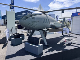The Schiebel Camcopter S 301 unmanned helicopter displayed at Eurosatory 2026 with Thales sensors payloads and effectors