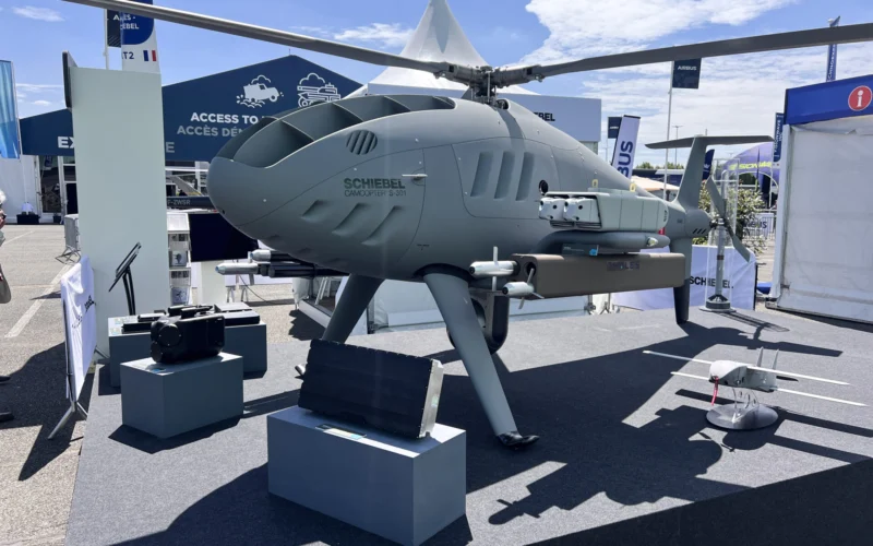The Schiebel Camcopter S 301 unmanned helicopter displayed at Eurosatory 2026 with Thales sensors payloads and effectors