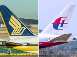 Split image showing two airplane tails on the taxiway left tail in blue with yellow accents right tail white with red and blue logo