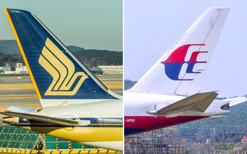 Split image showing two airplane tails on the taxiway left tail in blue with yellow accents right tail white with red and blue logo