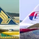 Split image showing two airplane tails on the taxiway left tail in blue with yellow accents right tail white with red and blue logo