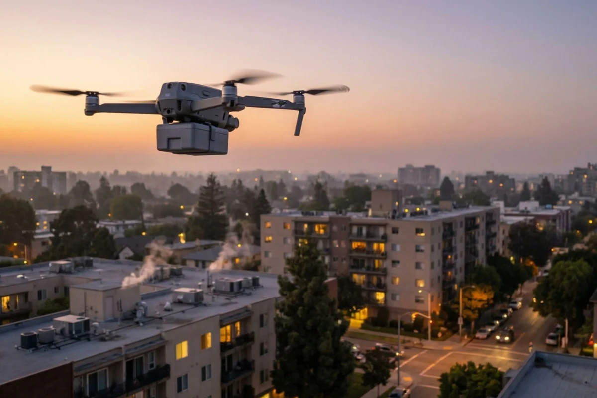 Quadcopter drone flying over a residential neighborhood at sunset with low rise buildings and trees below
