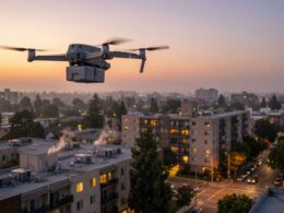 Quadcopter drone flying over a residential neighborhood at sunset with low rise buildings and trees below