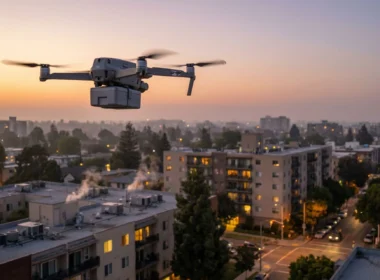 Quadcopter drone flying over a residential neighborhood at sunset, with low-rise buildings and trees below
