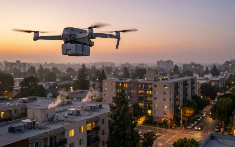 Quadcopter drone flying over a residential neighborhood at sunset with low rise buildings and trees below