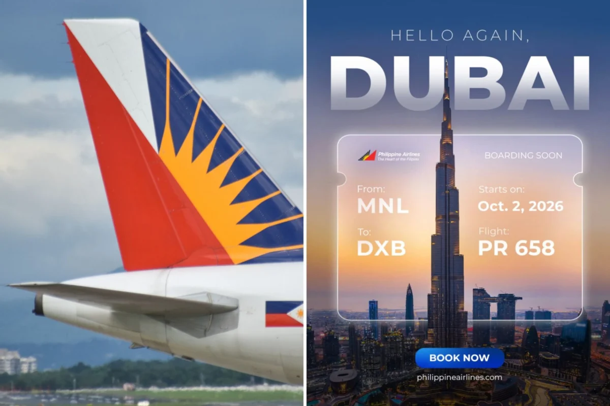 Left panel close up of a colorful airline tail fin red white blue against a cloudy sky Right panel Dubai skyline with Burj Khalifa and a boarding pass ad reading Hello Dubai and Book Now