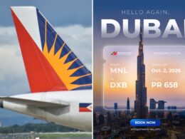 Left panel close up of a colorful airline tail fin red white blue against a cloudy sky Right panel Dubai skyline with Burj Khalifa and a boarding pass ad reading Hello Dubai and Book Now