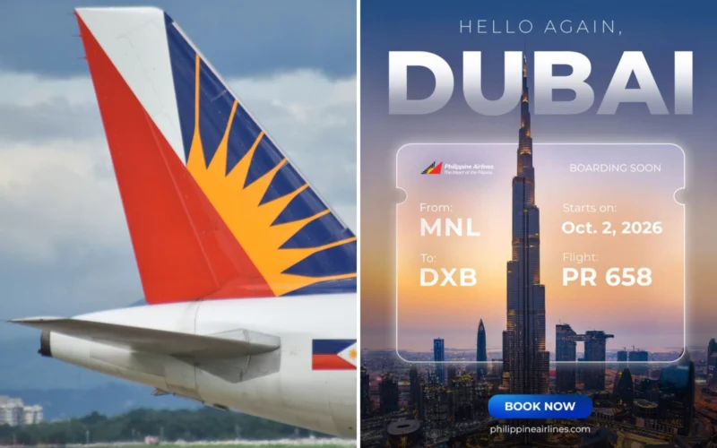 Left panel close up of a colorful airline tail fin red white blue against a cloudy sky Right panel Dubai skyline with Burj Khalifa and a boarding pass ad reading Hello Dubai and Book Now