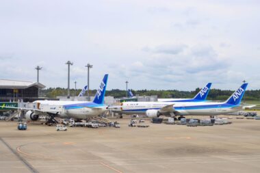 Airport tarmac with several ANA airplanes docked at gates boarding bridges and ground crew working under a cloudy sky