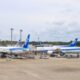 Airport tarmac with several ANA airplanes docked at gates boarding bridges and ground crew working under a cloudy sky