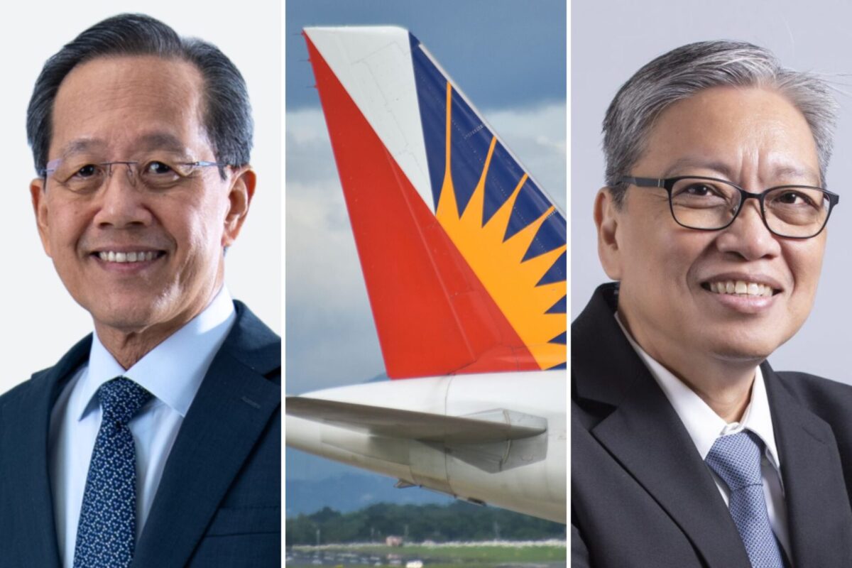 Two businessmen flank a central jet tail with a blue orange sunburst logo forming a three panel collage