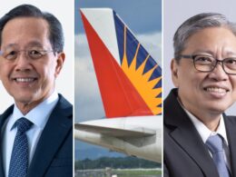Two businessmen flank a central jet tail with a blue orange sunburst logo forming a three panel collage