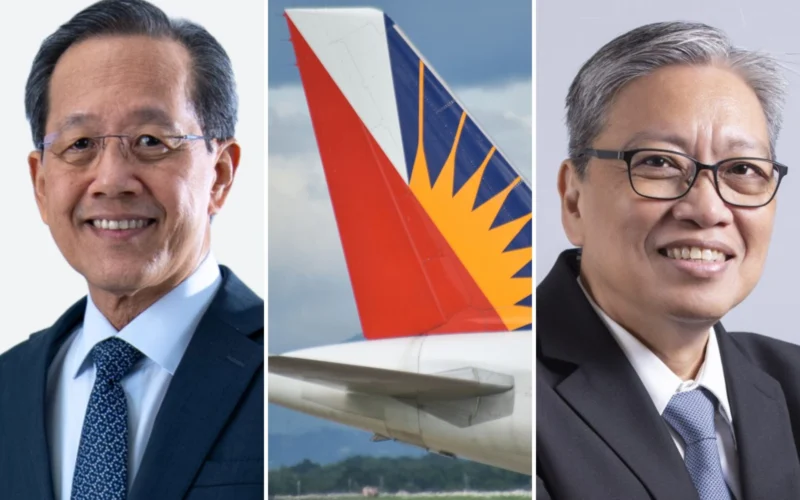 Two businessmen flank a central jet tail with a blue orange sunburst logo forming a three panel collage
