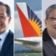 Two businessmen flank a central jet tail with a blue orange sunburst logo forming a three panel collage