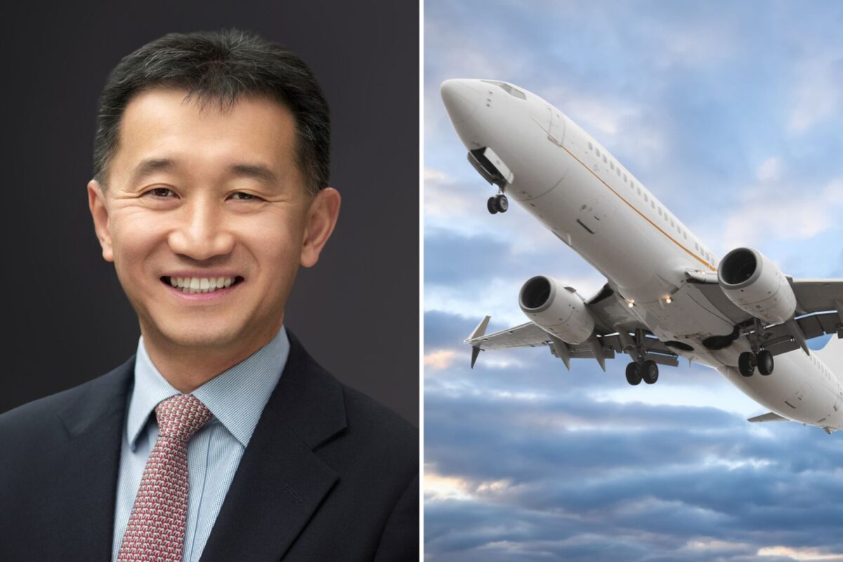 Former Gulf Air CEO Jeffrey Goh joins Alton Aviation Smiling man in a suit on the left airplane taking off on the right split image showing business and travel