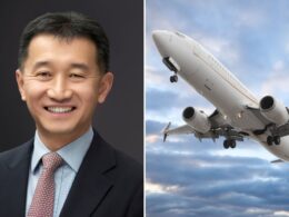 Smiling man in a suit on the left airplane taking off on the right split image showing business and travel