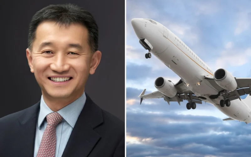 Smiling man in a suit on the left airplane taking off on the right split image showing business and travel